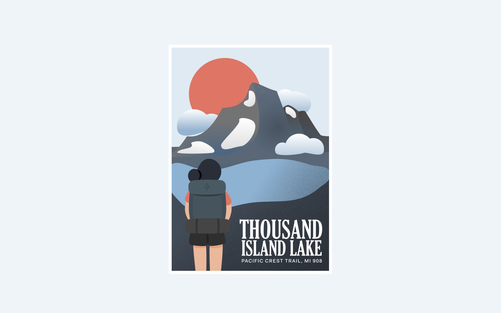 Illustration of backpacker looking towards snowy mountains and lake